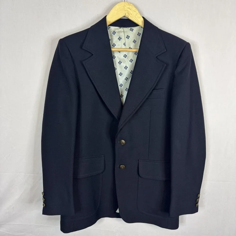 Vintage JCPenney Navy Blazer 38R Retro Sport Coat Mexico Mod‎ Lined Disco Blue